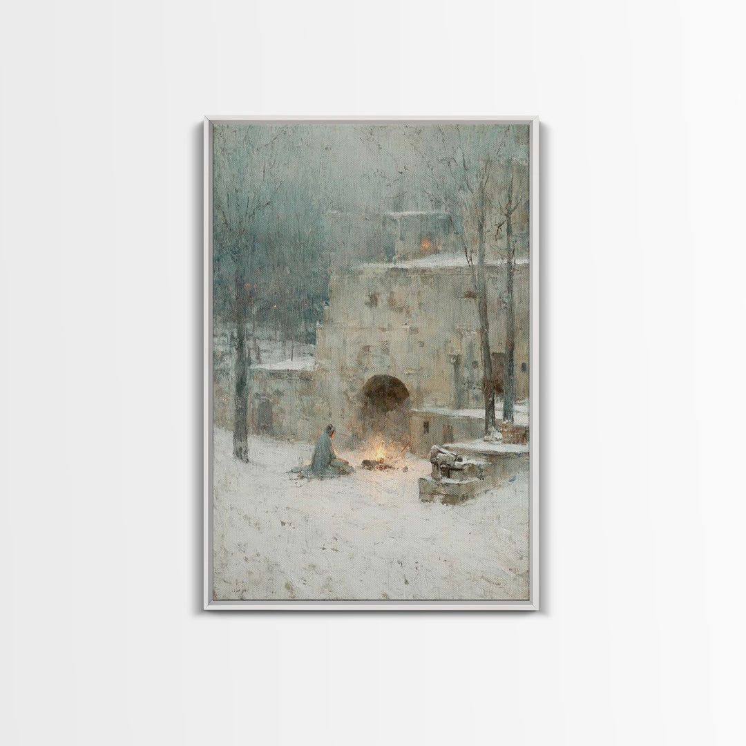 Warm Vigil Night – Framed Canvas Print – Christian Art – Christmas Art – Moody Christmas Art – Christian Wall Art – Christian Art Gift
