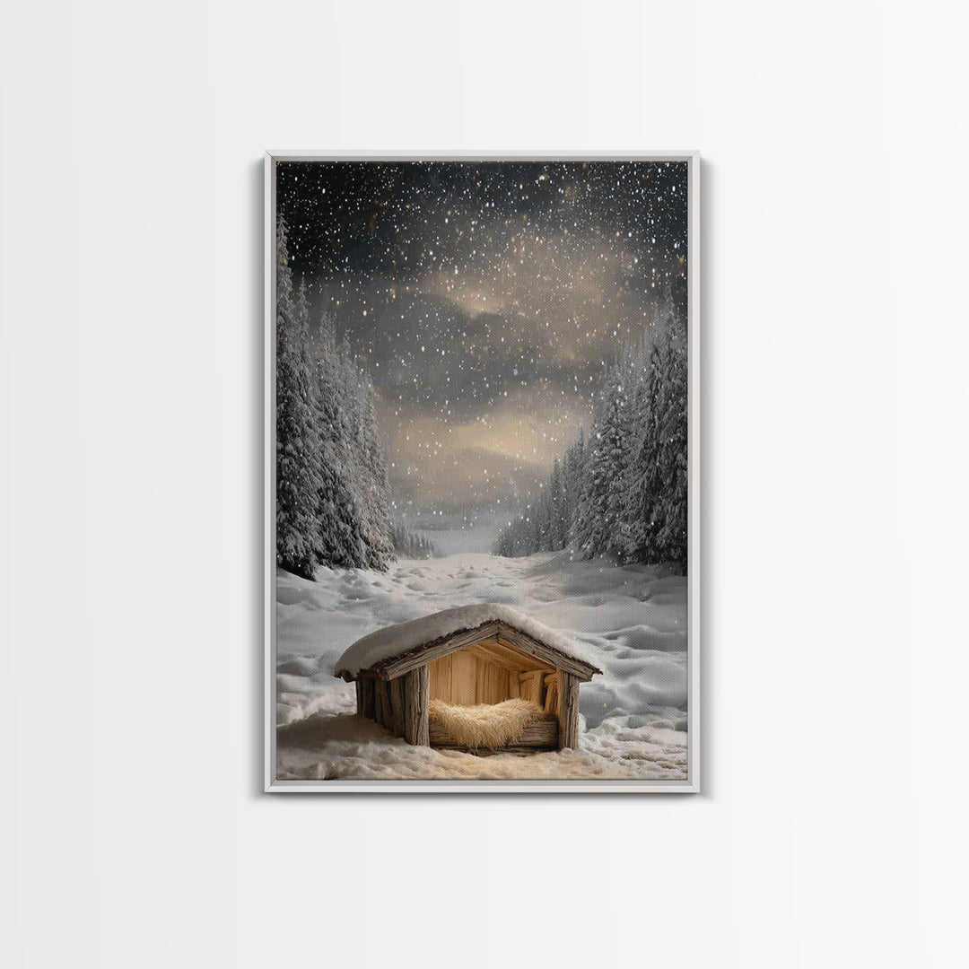 Silent Nativity Snow | Framed Canvas Print | Christmas Canvas Wall Art | Christian Art Work | Christian Christmas Art | Modern Christmas Ar