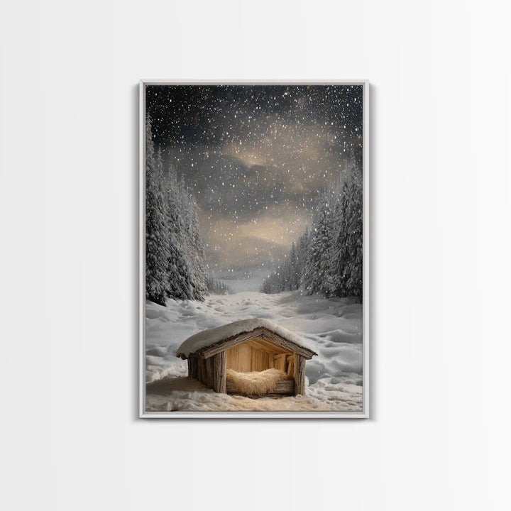 Silent Nativity Snow | Framed Canvas Print | Christmas Canvas Wall Art | Christian Art Work | Christian Christmas Art | Modern Christmas Ar