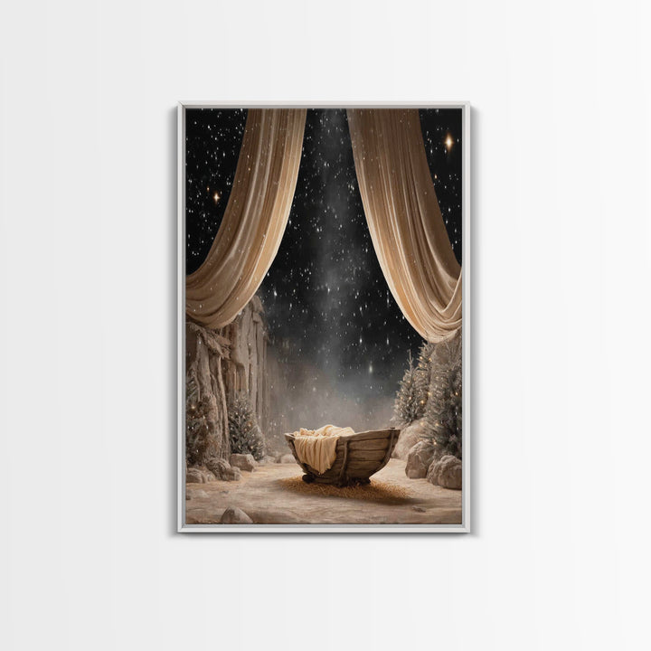 Starry Night Cradle | Framed Canvas Print | Christmas Wall Art | Christian Christmas Art | Christmas Canvas Wall Art | Framed Christmas Art
