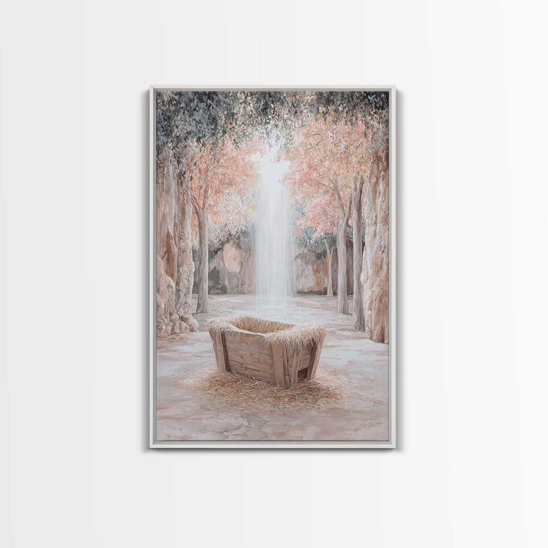 Garden Manger Glow, Framed Canvas Print, Christian Wall Art, Christian Art Canvas, Christmas Art Prints, Modern Christian Art, Christian Ch