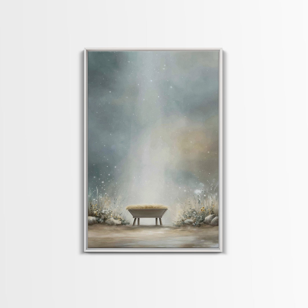Heaven’s Gentle Cradle – Framed Canvas Print – Christmas Wall Art – Christian Christmas Art – Christian Art Canvas – White Christmas Art –