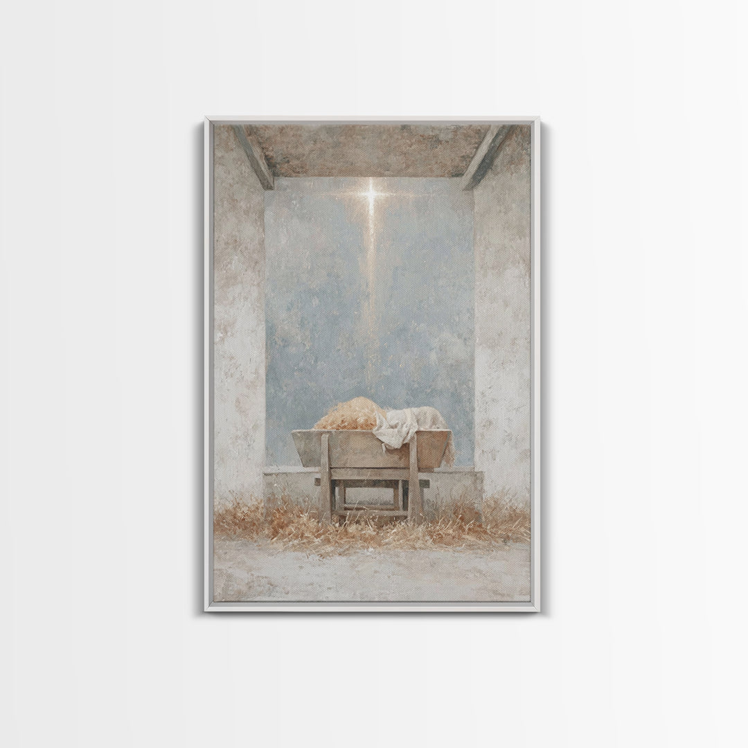 Humble Cradle Light, Framed Canvas Print, Christian Art Canvas, Christmas Wall Art, Subtle Christian Art, Christian Christmas Art, Modern C