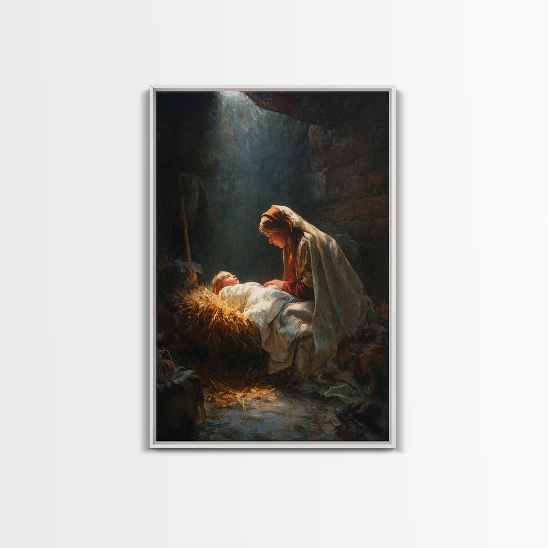Mary’s Gentle Watch, Framed Canvas Print, Christian Wall Art, Jesus Christmas Art, Christian Art Canvas, Christmas Art, Christian Decor
