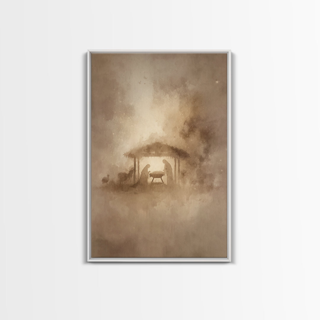 Silent Night Stable – Framed Canvas Print – Christmas Art – Christian Christmas Art – Christian Wall Art – Christian Art Canvas – Christian