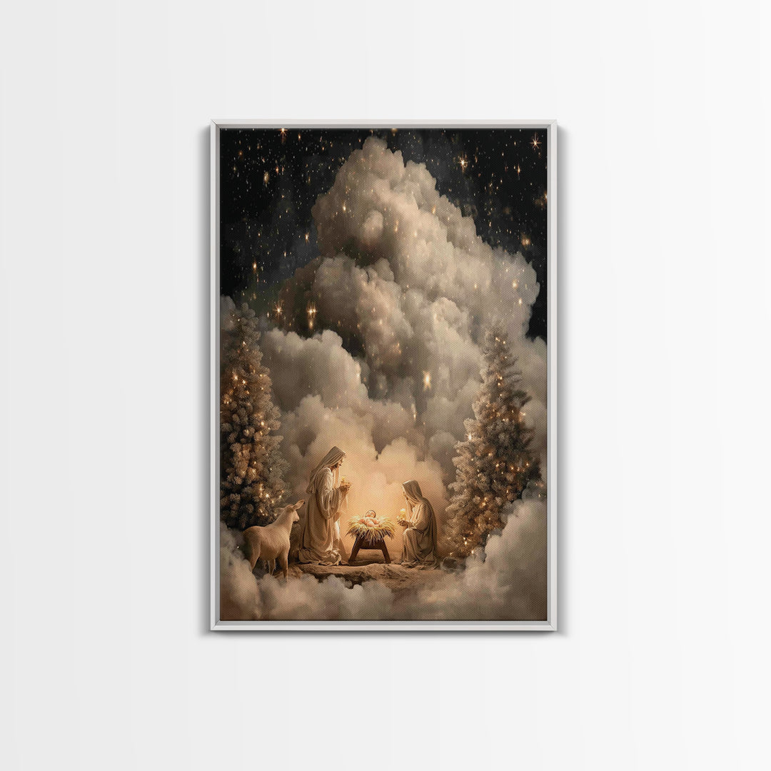 Heavenly Nativity Glow | Framed Canvas Print | Christian Wall Art | Christian Art Canvas | Christmas Art | Christian Christmas Art | Christ
