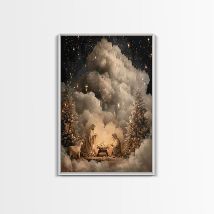 Heavenly Nativity Glow | Framed Canvas Print | Christian Wall Art | Christian Art Canvas | Christmas Art | Christian Christmas Art | Christ