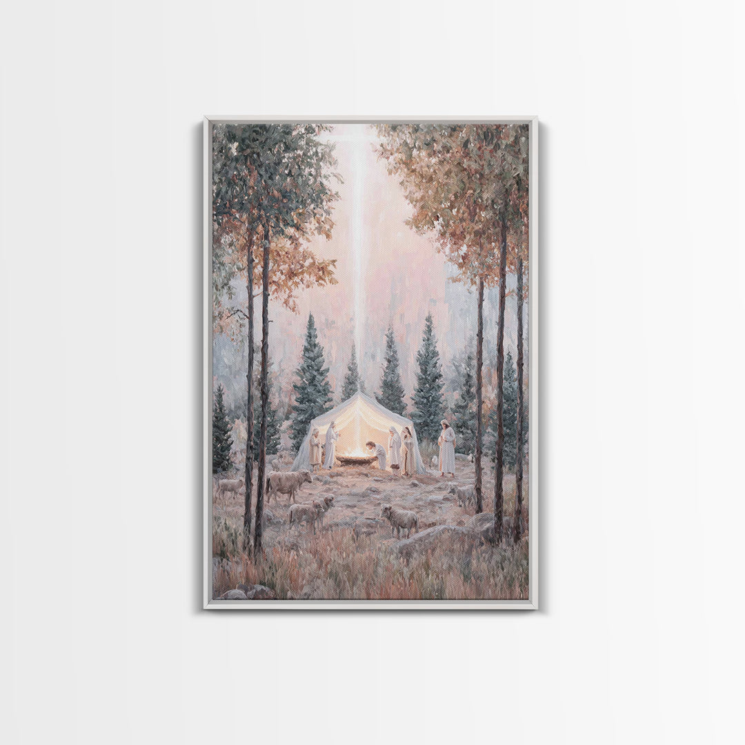 Forest Nativity Dawn – Framed Canvas Print – Christian Wall Art – Christian Art Canvas – Christmas Art – Christian Christmas Art – Christia