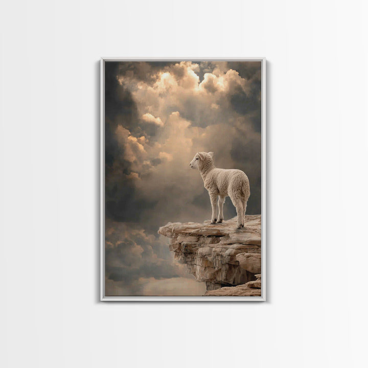 Quiet Summit Lamb, Framed Canvas Print, Christian Wall Art, Christian Art Canvas, Minimalist Christian Art, Christian Decor, Pastoral Scene