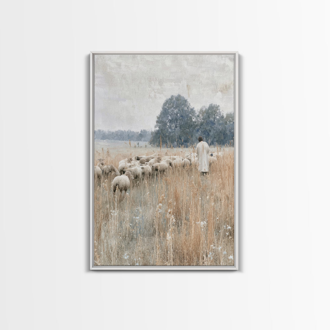 Shepherd In Stillness – Framed Canvas Print – Christian Wall Art – Christian Art Canvas – Jesus Painting – Vintage Christian Art – Christia