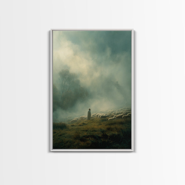 Guiding Shepherd – Framed Canvas Print – Christian Wall Art – Christian Art Canvas – Jesus Painting – Pastoral Scenery – Moody Christian Ar
