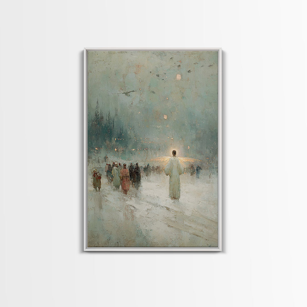 Silent Gathering Grace – Framed Canvas Print – Christian Christmas Art – Christian Wall Art – Moody Christmas Art – Christian Art Canvas –