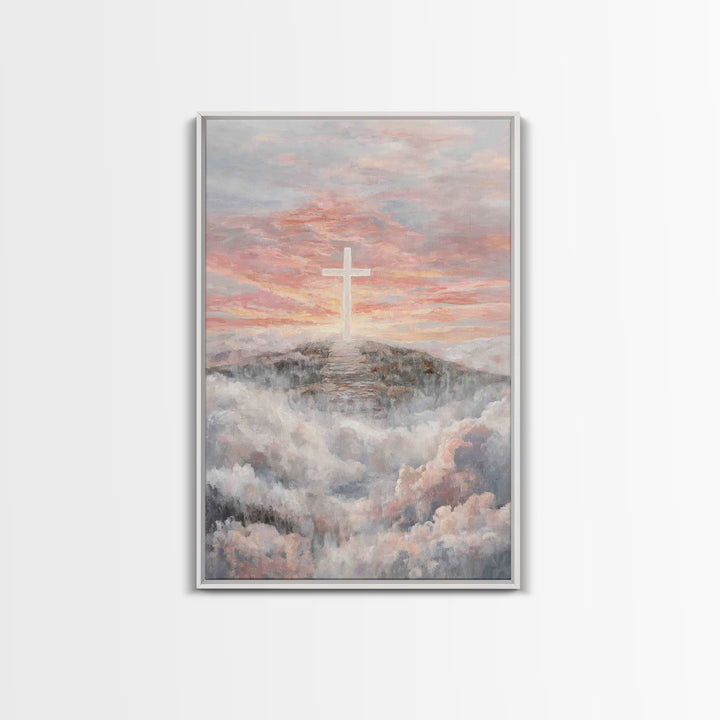 Hilltop Sunrise Cross, Framed Canvas Print, Christian Wall Art, Christian Art Print, Large Christian Painting, Christian Home Decor