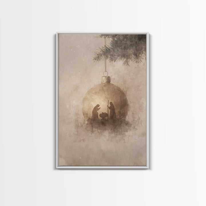 Silent Nativity Sphere – Framed Canvas Print – Christian Art Canvas – Christmas Wall Art – Jesus Christmas Art – Christian Gift – Vintage C