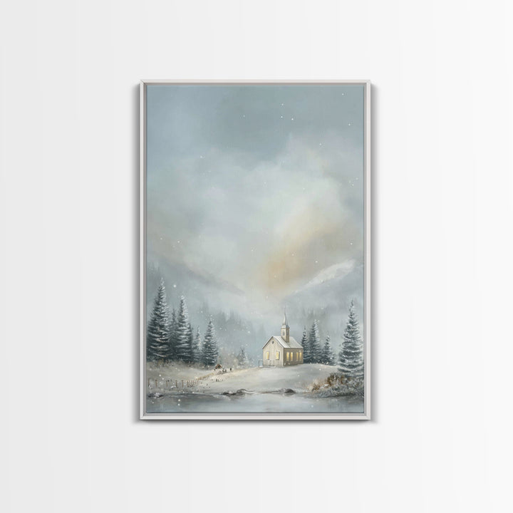 Winter Chapel Light | Framed Canvas Print | Christmas Art Prints | Christian Wall Art | Christian Christmas Decor | Christian Art Canvas |