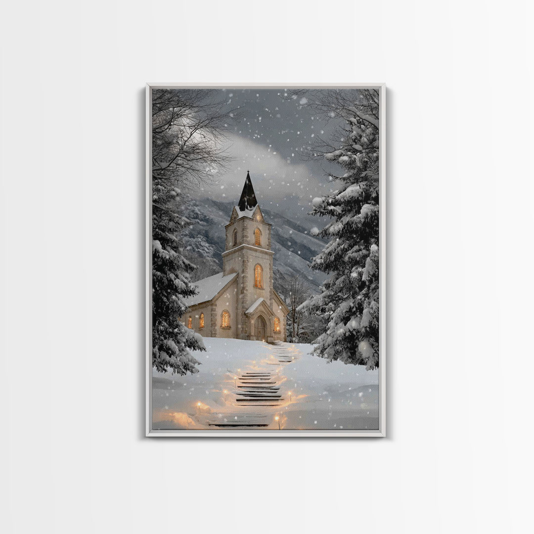 Snowfall Chapel – Framed Canvas Print – Christmas Wall Art – Christian Christmas Art – Framed Christmas Art – Christmas Art Work – Christia
