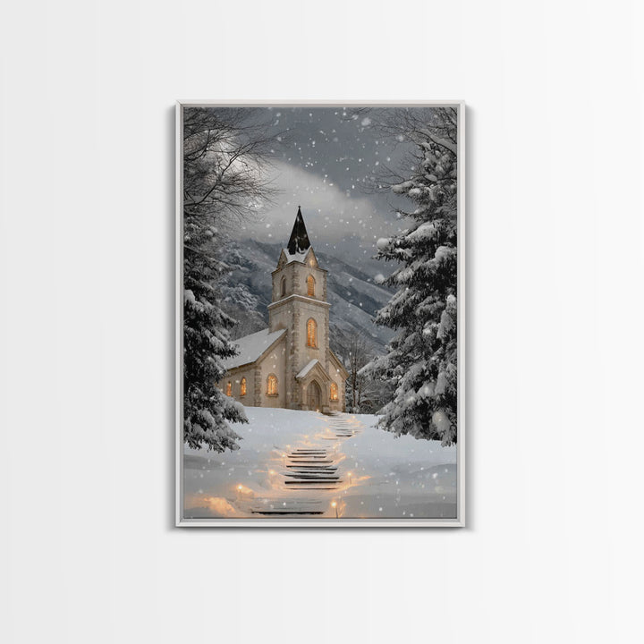 Snowfall Chapel – Framed Canvas Print – Christmas Wall Art – Christian Christmas Art – Framed Christmas Art – Christmas Art Work – Christia