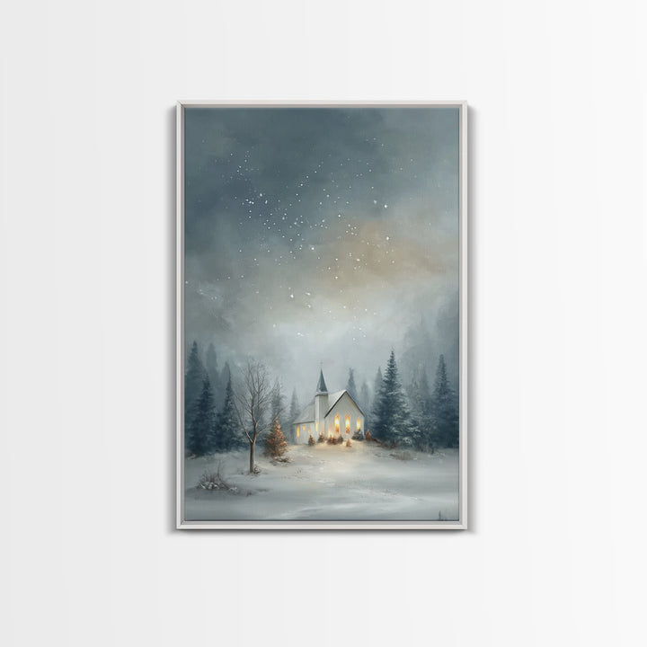 Starry Night Chapel – Framed Canvas Print – Christian Christmas Art – Christmas Canvas Wall Art – Framed Christmas Wall Art – Modern Christ