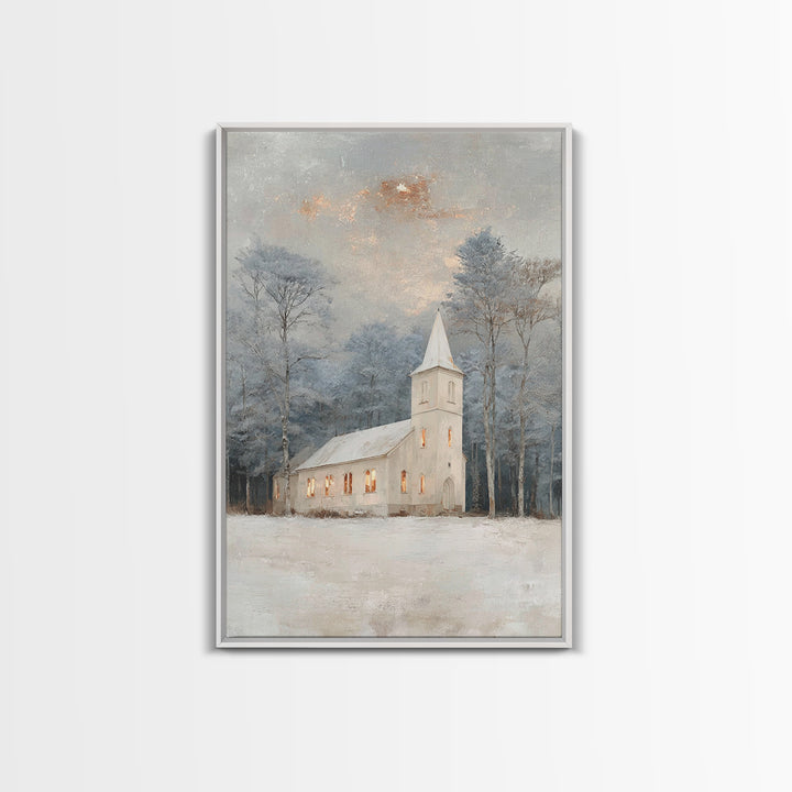 Frosted Chapel – Framed Canvas Print – Christian Wall Art – Christian Christmas Art – White Christmas Art – Christmas Canvas Wall Art – Chr