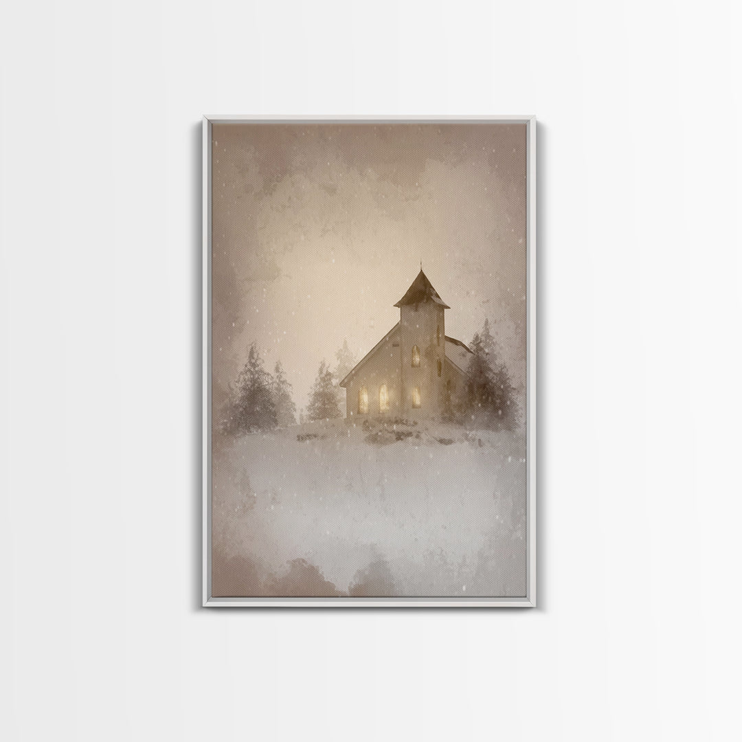 Silent Chapel Glow, Framed Canvas Print, Christian Wall Art, Christian Art Canvas, Christmas Art, Christian Holiday Art