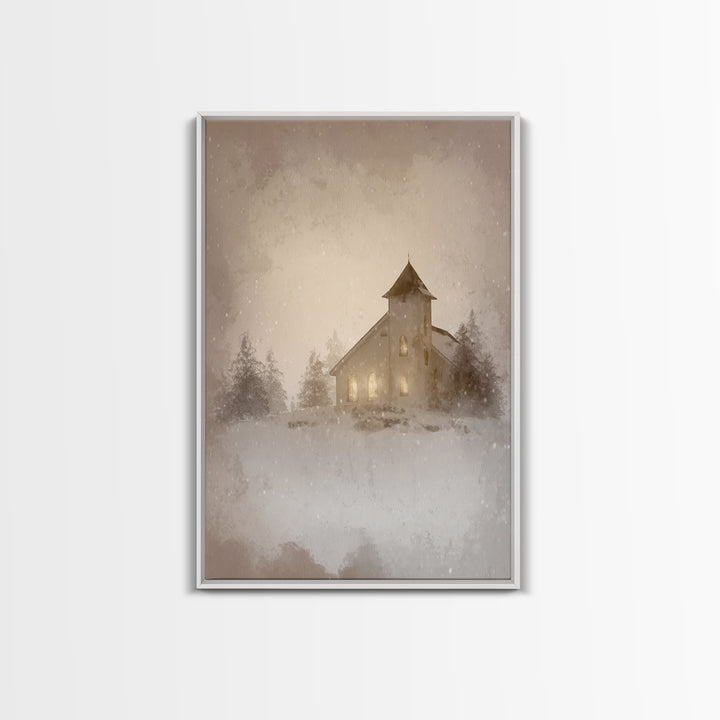 Silent Chapel Glow, Framed Canvas Print, Christian Wall Art, Christian Art Canvas, Christmas Art, Christian Holiday Art