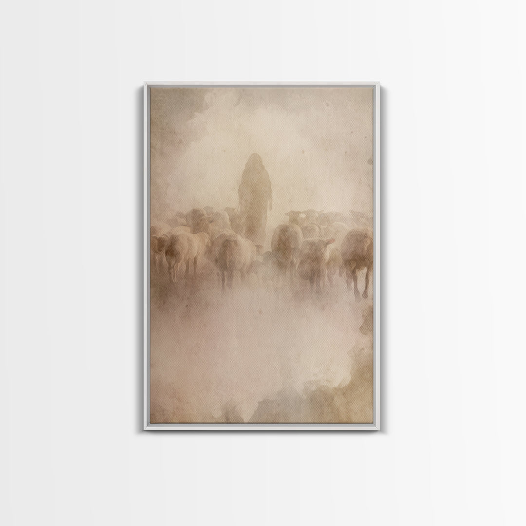 Shepherd In Haze | Framed Canvas Print | Christian Wall Art | Jesus Painting | Christian Art Canvas | Vintage Christian Art