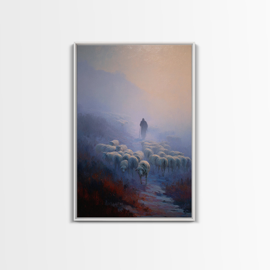 Shepherd’s Dawn Path | Framed Canvas Print | Christian Art Canvas | Christian Wall Art | Pastoral Scenery | Moody Christian Art