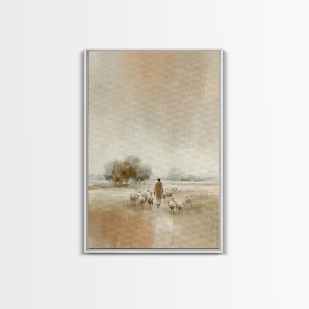 Quiet Field Shepherd, Framed Canvas Print, Christian Wall Art, Christian Art Canvas, Pastoral Scenery, Minimalist Christian Art