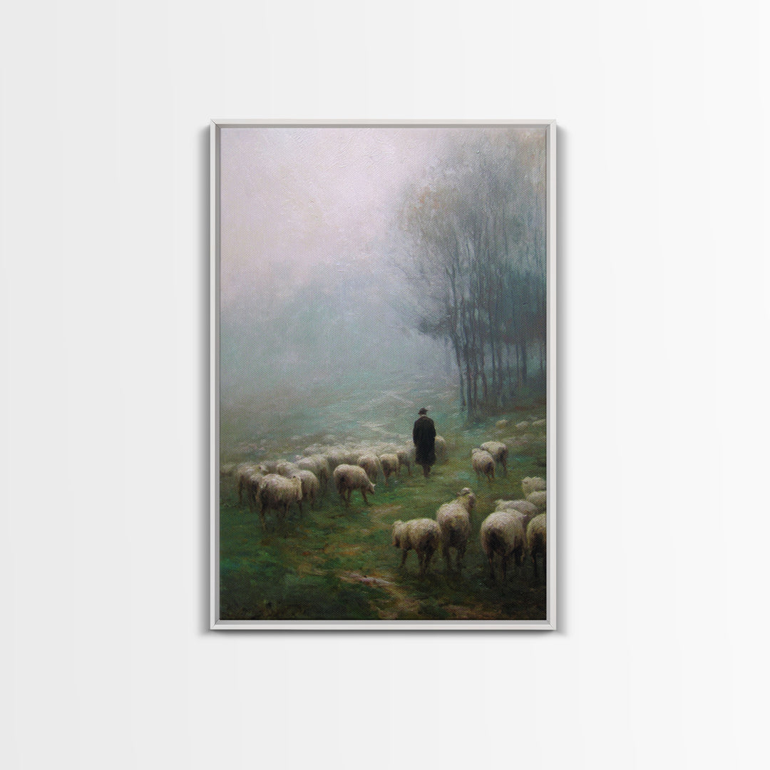 Misty Shepherd Field – Framed Canvas Print – Christian Art Canvas – Christian Wall Art – Pastoral Scenery – Moody Christian Art
