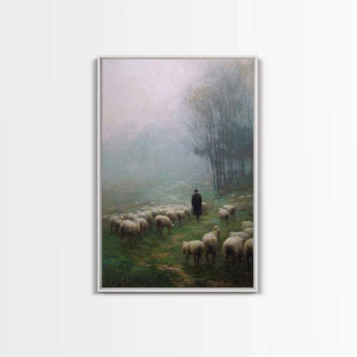 Misty Shepherd Field – Framed Canvas Print – Christian Art Canvas – Christian Wall Art – Pastoral Scenery – Moody Christian Art