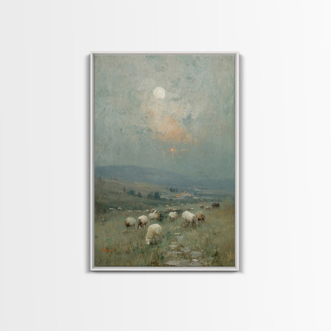 Moonlit Pasture Peace, Framed Canvas Print, Christian Art Canvas, Christian Wall Art, Vintage Christian Art, Christian Painting