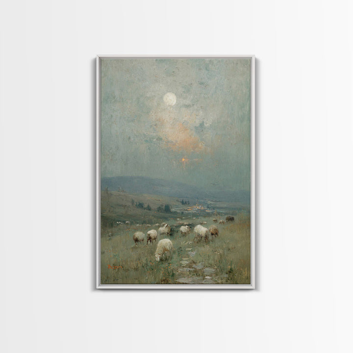 Moonlit Pasture Peace, Framed Canvas Print, Christian Art Canvas, Christian Wall Art, Vintage Christian Art, Christian Painting
