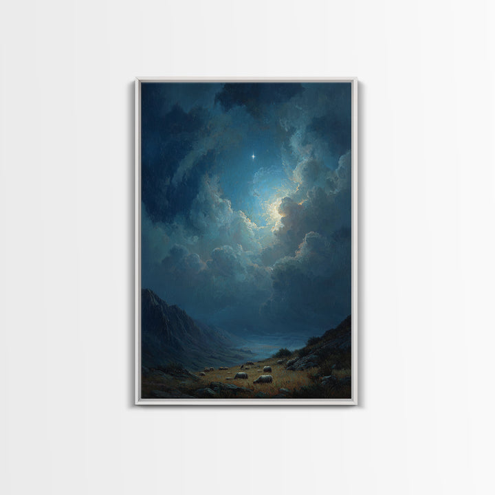 Night Star Valley – Framed Canvas Print – Christian Wall Art – Christmas Art – Christian Christmas Art – Christian Art Canvas