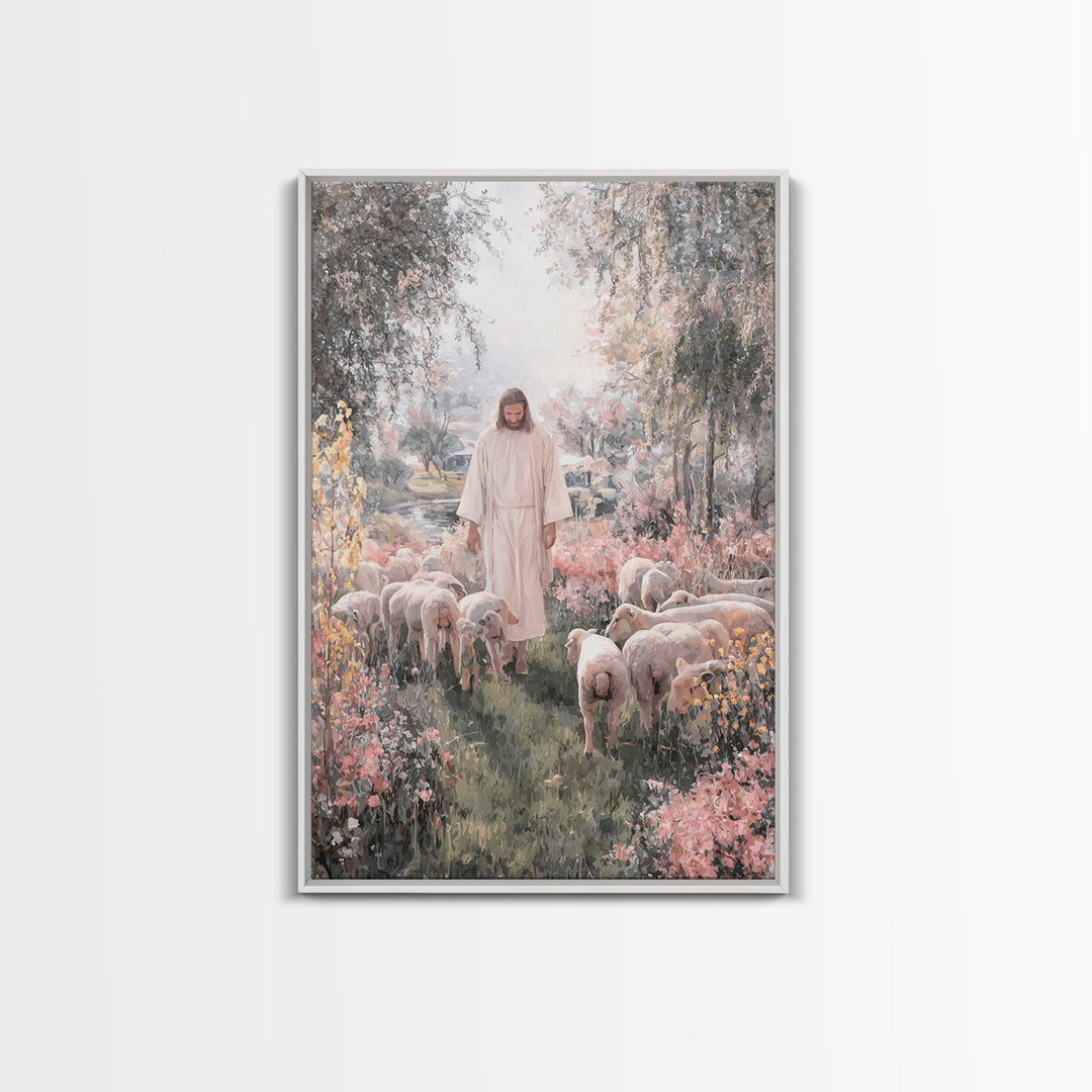 Shepherd In Bloom – Framed Canvas Print – Jesus Painting – Christian Art Canvas – Christian Wall Art – Christian Christmas Art – Christian