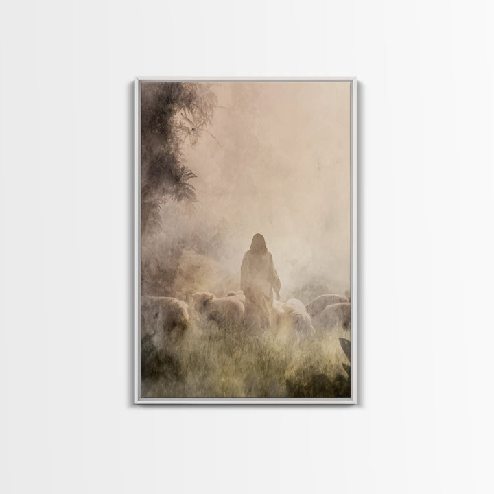 Shepherd In Light – Framed Canvas Print – Christian Wall Art – Christian Art Canvas – Moody Christian Art – Jesus Painting – Christian Gift