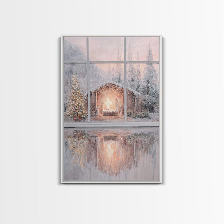 Winter Nativity Glow – Framed Canvas Print – Christmas Wall Art – Christian Christmas Art – Christmas Art Prints – Christian Decor – Framed