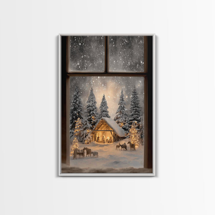 Silent Snow Manger – Framed Canvas Print – Christmas Canvas Wall Art – Christian Christmas Decor – Framed Christmas Art – Christmas Art Pri