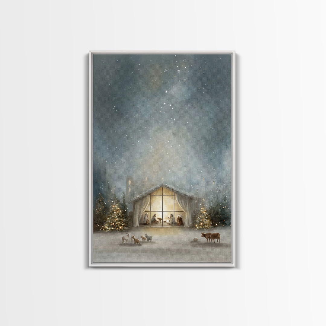 Starry Bethlehem Night – Framed Canvas Print – Christian Christmas Art – Christmas Wall Art – Modern Christmas Art – Christmas Art Prints –