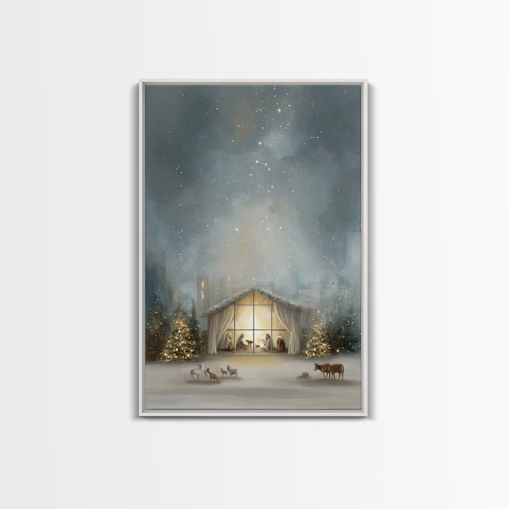 Starry Bethlehem Night – Framed Canvas Print – Christian Christmas Art – Christmas Wall Art – Modern Christmas Art – Christmas Art Prints –