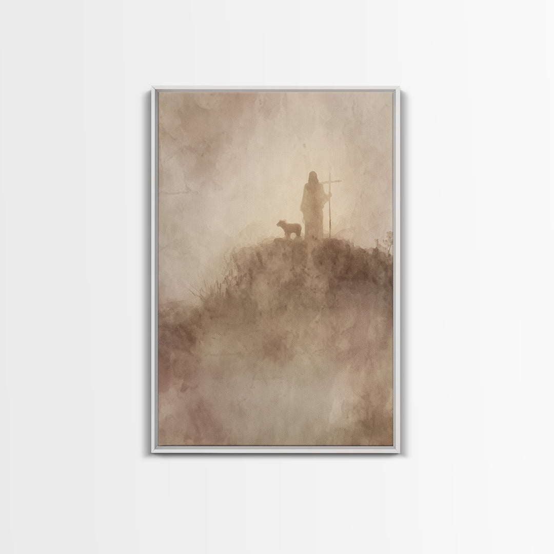 Silent Mist Journey – Framed Canvas Print – Jesus Painting – Christian Art Canvas – Christian Wall Art – Minimalist Christian Art