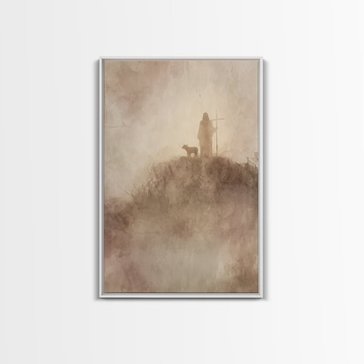 Silent Mist Journey – Framed Canvas Print – Jesus Painting – Christian Art Canvas – Christian Wall Art – Minimalist Christian Art