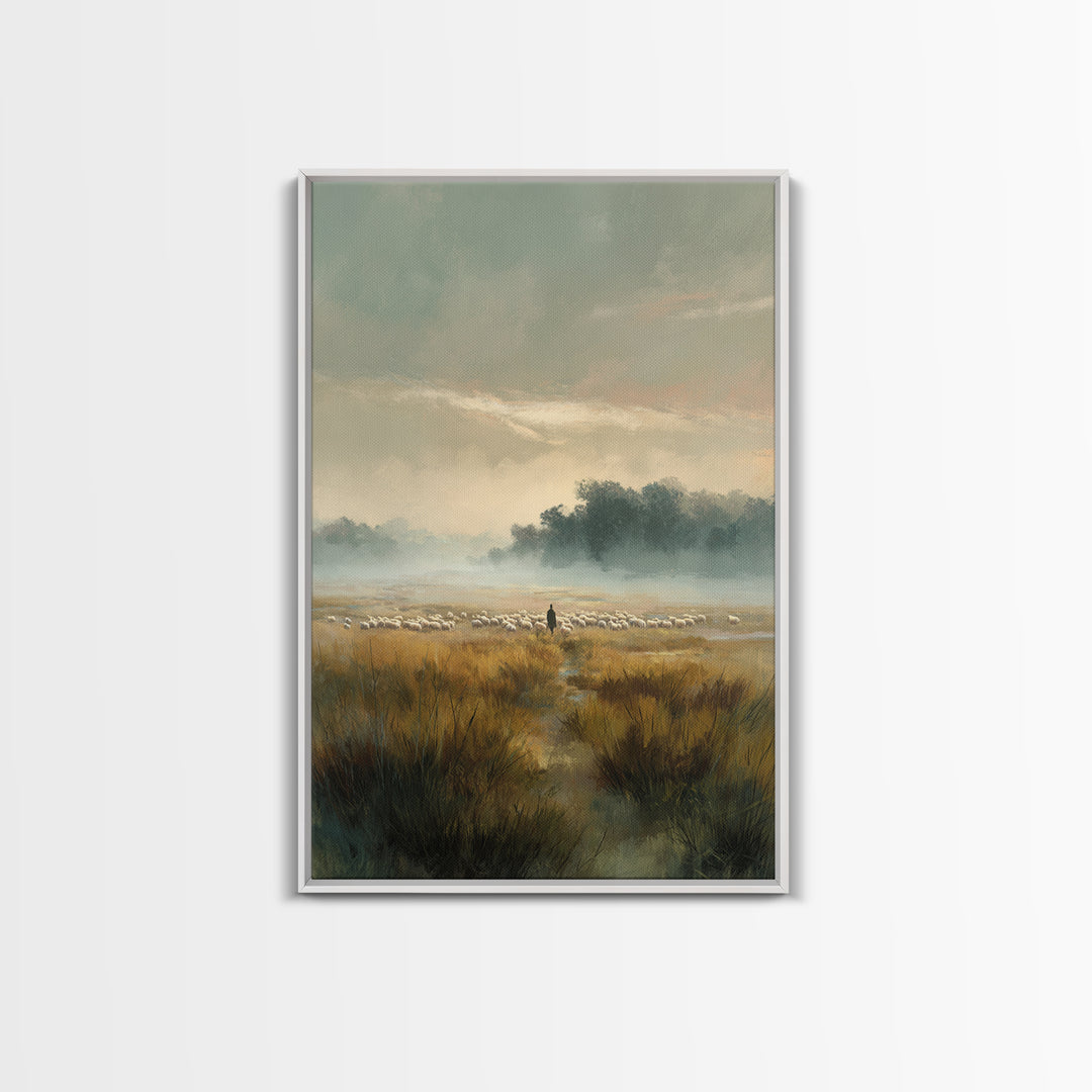 Morning Pasture – Framed Canvas Print – Christian Art Canvas – Christian Wall Art – Christian Painting – Subtle Christian Art – Pastoral Sc