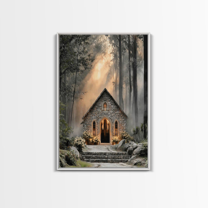 Stone Chapel Light – Framed Canvas Print – Christian Wall Art – Christian Art Canvas – Christian Decor – Moody Christian Art
