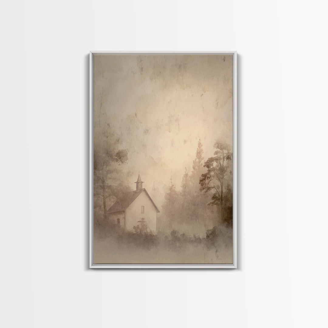 Misty Dawn Chapel – Framed Canvas Print – Christian Art Print – Christian Wall Art – Vintage Christian Art – Christian Christmas Art – Chri
