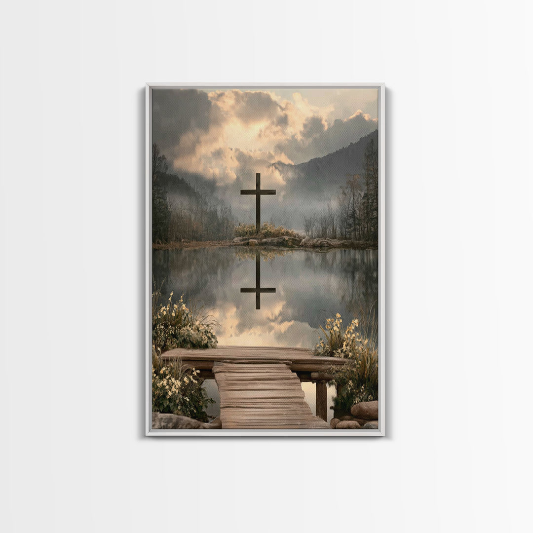 Mountain Dawn Cross – Framed Canvas Print – Christian Wall Art – Christian Art Canvas – Christian Christmas Art – Subtle Christian Art – Ch