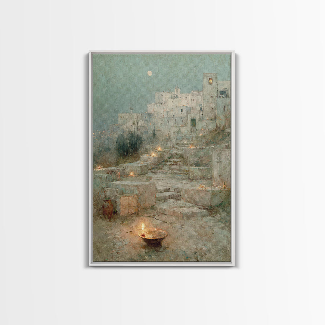 Moonlit Holy City – Framed Canvas Print – Christian Wall Art – Christmas Art Framed – Christian Art Canvas – Vintage Christian Art – Christ