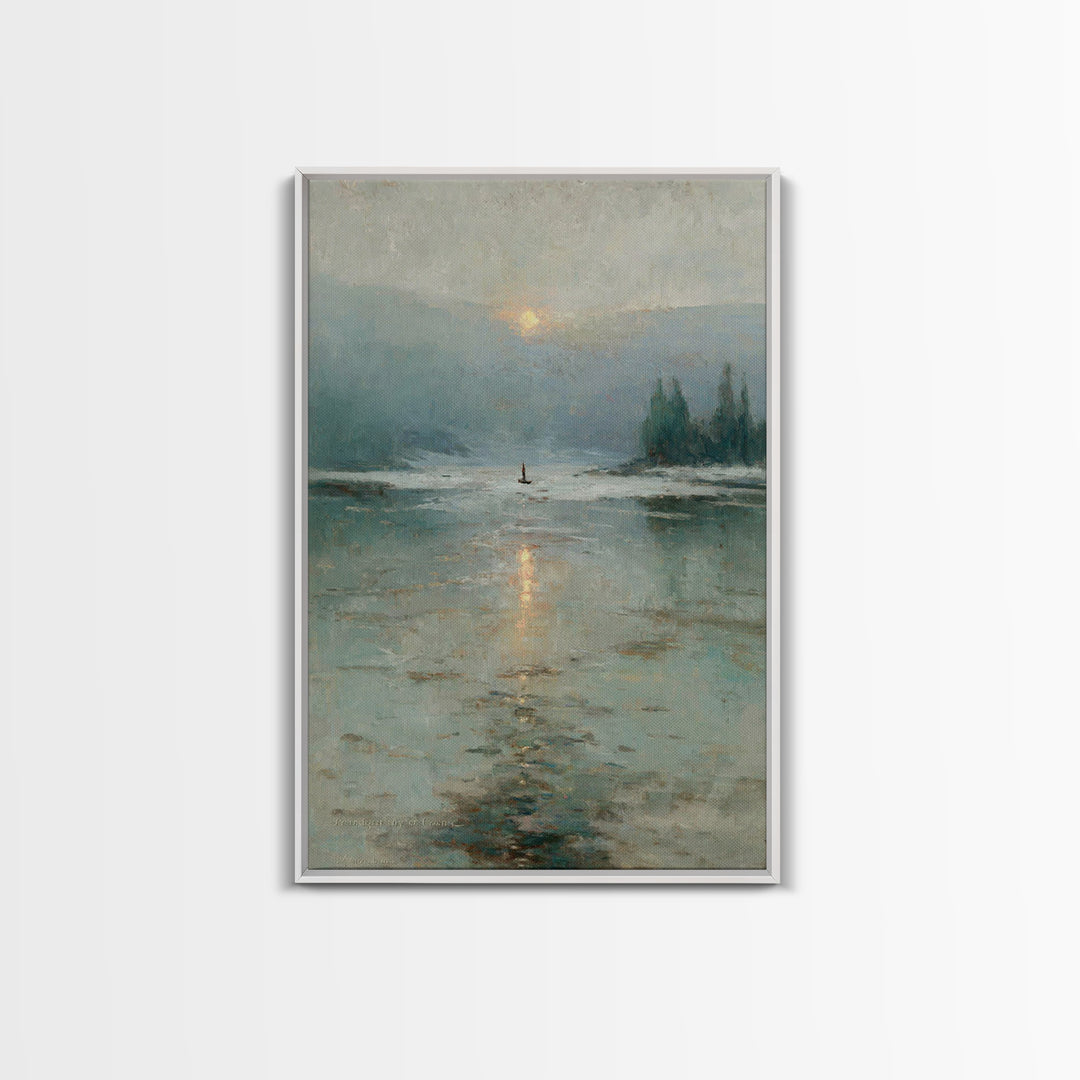 Silent Lake Dawn – Framed Canvas Print – Christian Art Print – Christian Wall Art – Vintage Christian Art – Blue Christian Art – Christian