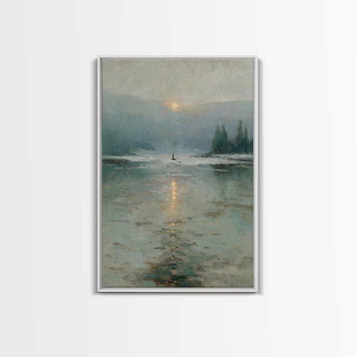 Silent Lake Dawn – Framed Canvas Print – Christian Art Print – Christian Wall Art – Vintage Christian Art – Blue Christian Art – Christian