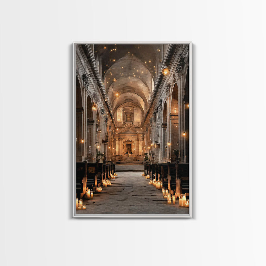Golden Chapel Glow, Framed Canvas Print, Christian Art Canvas, Christian Wall Art, Moody Christian Art, Christian Decor, Christmas Art Prin