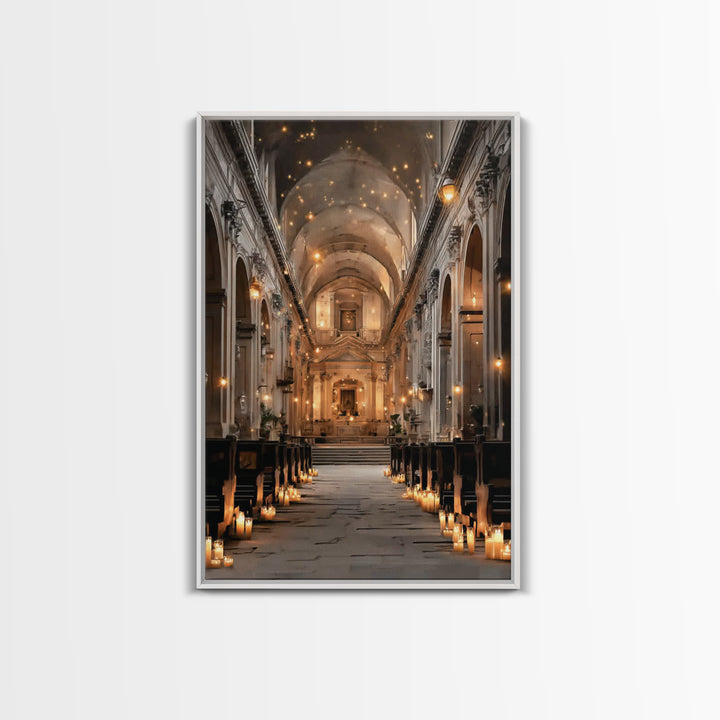 Golden Chapel Glow, Framed Canvas Print, Christian Art Canvas, Christian Wall Art, Moody Christian Art, Christian Decor, Christmas Art Prin